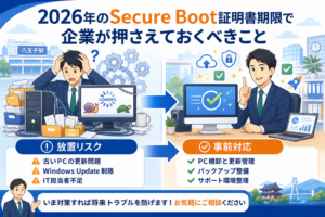 2026年のSecure Boot証明書期限による将来リスクと、古いPC・Windows Update停止環境で確認すべき対策を解説するイラスト