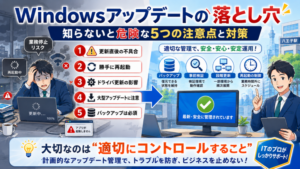 Windowsアップデートによる不具合や業務停止リスクと、バックアップ・事前検証・段階更新などの対策を解説するイラスト